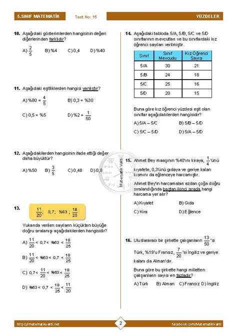 5 sınıf matematik yüzdeler testi pdf